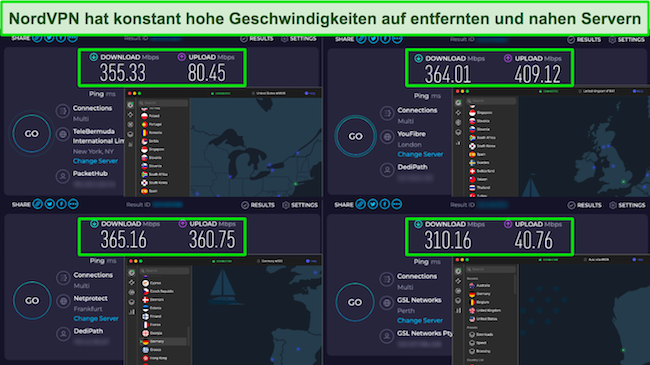 Screenshot der Ergebnisse des NordVPN-Geschwindigkeitstests auf mehreren Servern