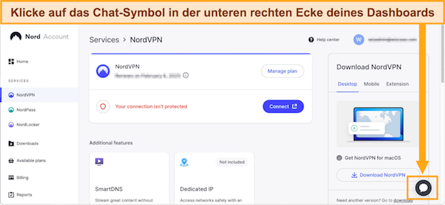 Screenshot des Chat-Symbols von NordVPN im Dashboard