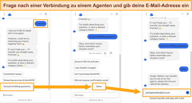 Screenshot, der den Live-Chat-Bot von NordVPN zeigt, der mich mit einem Agenten verbindet