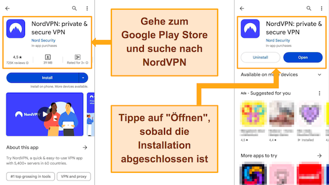 Screenshot der NordVPN-App, die aus dem Google Play Store heruntergeladen wird