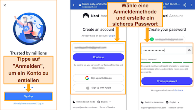 Screenshot der Registrierung für ein NordVPN-Konto auf einem Android-Telefon