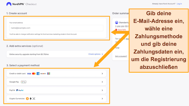Screenshot des Checkout-Bildschirms von NordVPN auf dem Desktop