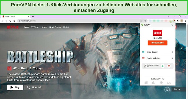 Screenshot der Chrome-Erweiterung von PureVPN, der eine Verbindung zu einem US-amerikanischen Netflix-Server zeigt, wobei Netflix in einem Chrome-Tab geöffnet ist