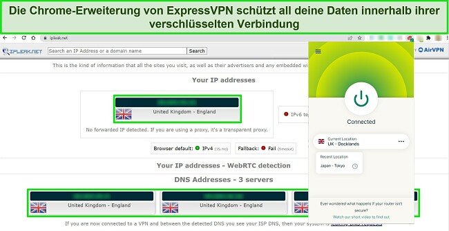 Screenshot der Chrome-Erweiterung von ExpressVPN, die mit einem britischen Server verbunden ist, wobei ein IPLeak.net-Test keine Datenlecks zeigt
