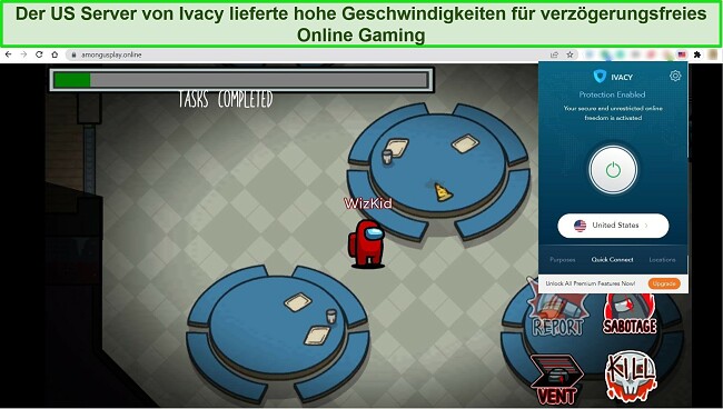 Screenshot von Ivacys Chrome-Erweiterung, die mit dem kostenlosen US-Server verbunden ist, mit Among Us online im Hintergrund