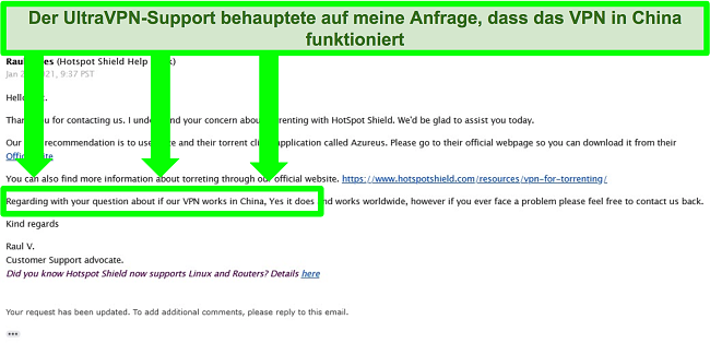 Screenshot eines E-Mail-Austauschs mit UltraVPN-Unterstützung bezüglich Torrenting und ob das VPN in China funktioniert