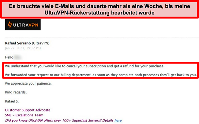 Screenshot einer E-Mail vom UltraVPN-Support, die besagt, dass meine Rückerstattungsanfrage noch bearbeitet wird