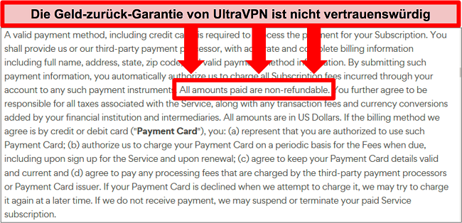 Screenshot der Rückerstattungsrichtlinie von UltraVPN, die besagt, dass Pläne nicht erstattungsfähig sind