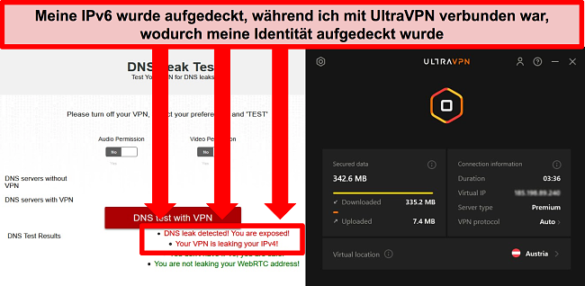 Screenshot eines fehlgeschlagenen IPv6-Leak-Tests, während UltraVPN mit einem Server in Österreich verbunden ist