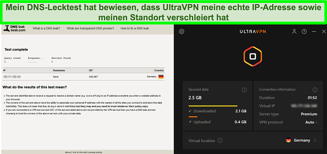 Screenshot eines erfolgreichen DNS-Leak-Tests, während UltraVPN mit einem Server in Deutschland verbunden ist