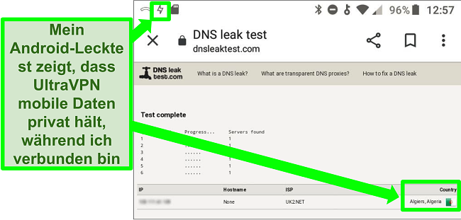 Screenshot eines erfolgreichen DNS-Leak-Tests, während UltraVPN auf Android mit einem Server in Algerien verbunden ist