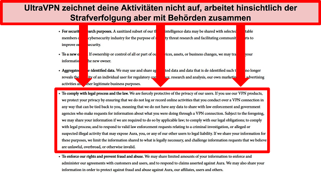 Screenshot der Datenschutzerklärung von UltraVPN