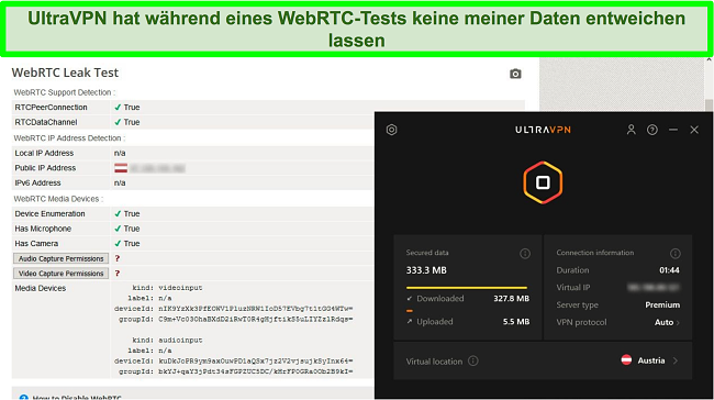 Screenshot eines erfolgreichen WebRTC-Testergebnisses, während UltraVPN mit einem Server in Österreich verbunden ist