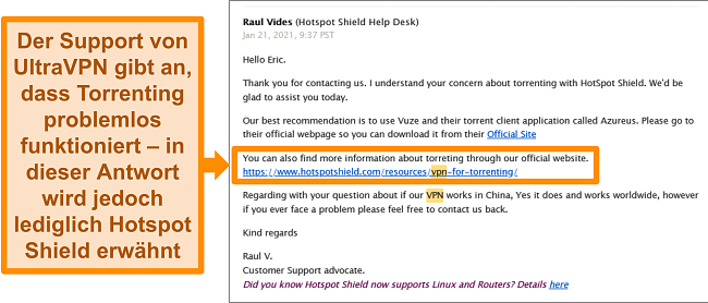 Screenshot einer E-Mail-Antwort des technischen Supports von Hotspot Shield über Torrenting und die Verwendung in China