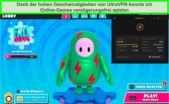 Screenshot von Fall Guys: Ultimate Knockout, während UltraVPN mit einem Server in den USA verbunden ist