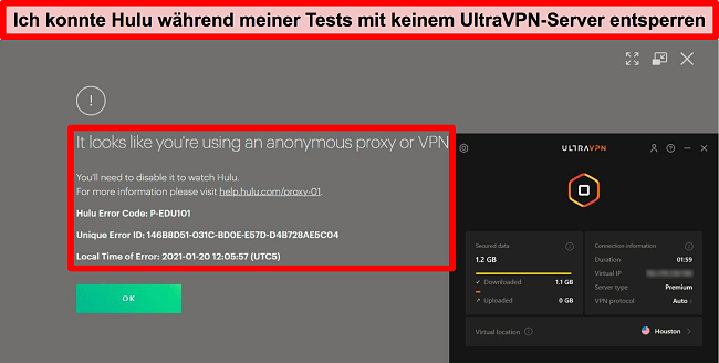 Screenshot des Proxy-IP-Fehlers von Hulus, während UltraVPN mit einem Server in den USA verbunden ist