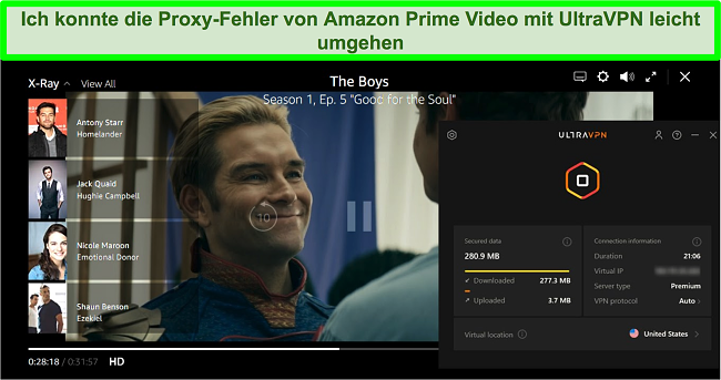 Screenshot von The Boys auf Amazon Prime Video, während UltraVPN mit einem Server in den USA verbunden ist