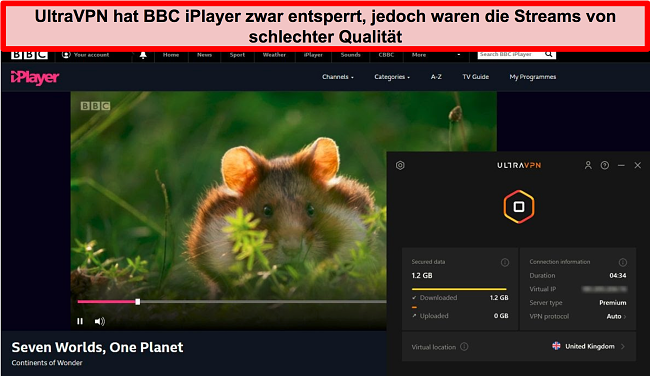 Screenshot des BBC iPlayers, der vom Server von UltraVPN in Großbritannien entsperrt wurde