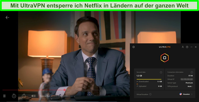 Screenshot von Cobra Kai, die auf Netflix spielt, während UltraVPN mit einem Server in Houston verbunden ist