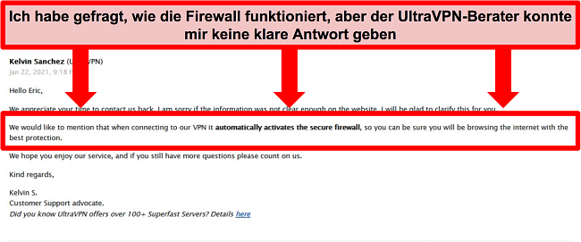 Screenshot einer E-Mail vom technischen Support von UltraVPN