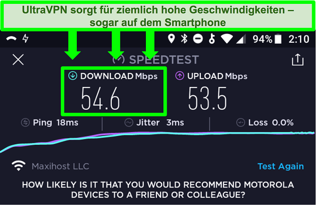 Screenshot eines Verbindungsgeschwindigkeitstests, während UltraVPN mit einem Android-Gerät verbunden ist