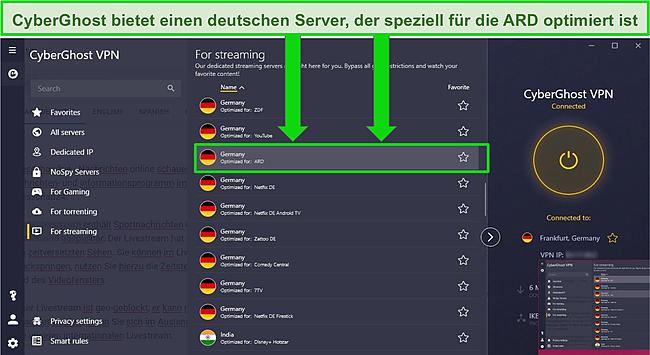 Grafik mit Pfeilen, die den optimierten Server von CyberGhost für ARD unter der .