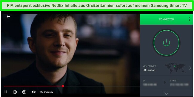 Screenshot des Streaming von The Sweeney auf Netflix UK, während PIA mit einem Server in London verbunden ist