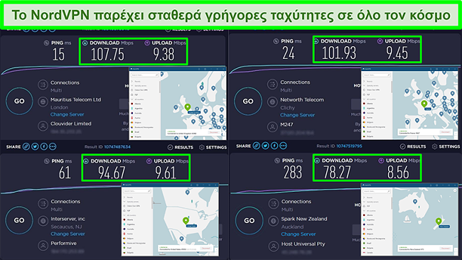 Στιγμιότυπα οθόνης δοκιμών ταχύτητας με το NordVPN συνδεδεμένο σε διαφορετικούς παγκόσμιους διακομιστές