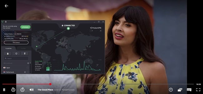 Screenshot of The Good Place streaming with Proton VPN connected to a US server.