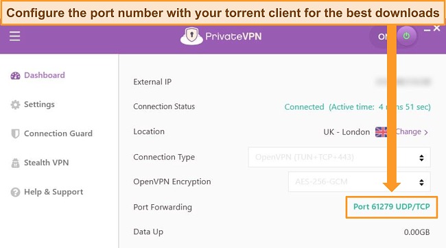 Screenshot of PrivateVPN's Windows app showing the randomly assigned port number that can be configured with a torrent client for better downloads.