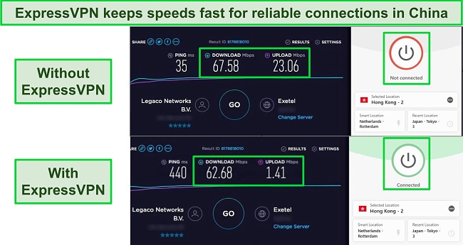 Screenshot of 2 Ookla speed tests, one without a VPN connection and one with ExpressVPN connected to a Hong Kong server.