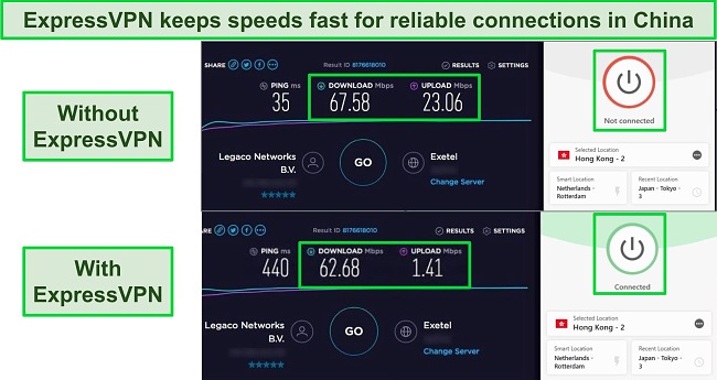 Снимок экрана из 2 -х испытаний OOKLA, один без подключения к VPN и один с ExpressVPN, подключенным к гонконгскому серверу