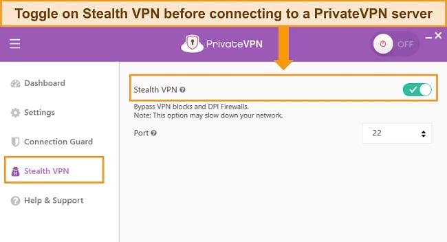 Screenshot of PrivateVPN's Windows app highlighting the Stealth VPN feature.