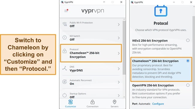 Screenshots of VyprVPN's Windows app, showing how to find and change the connection protocol to Chameleon.