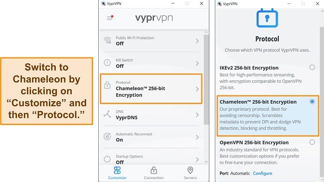 Screenshot showing how to use the Chameleon feature in VyprVPN.