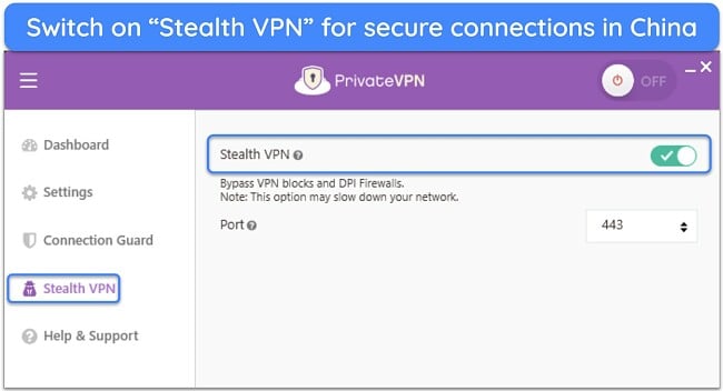 Image of PrivateVPN's Windows app, highlighting the Stealth VPN obfuscation settings.