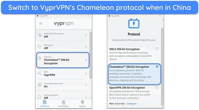 Image of VyprVPN's Windows app, showing the Chameleon protocol settings.