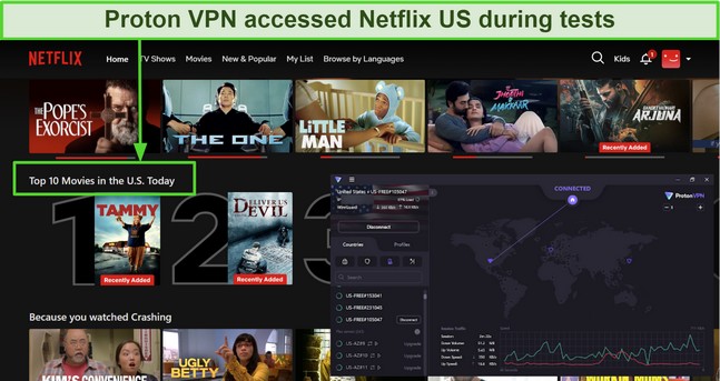 Screenshot of Netflix US library with Proton VPN connected to a free server in the US.