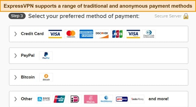  Image of ExpressVPN's payment options.