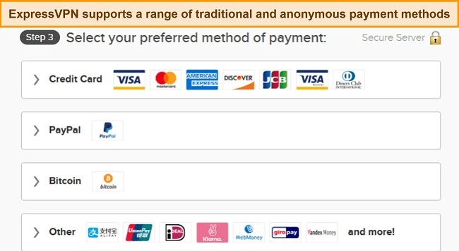  Image of ExpressVPN's payment options.