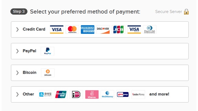 Screenshot of ExpressVPN's payment method options.