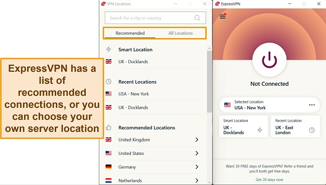 Screenshot of ExpressVPN's Windows app, highlighting the recommended server connections and 