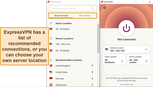 Screenshot of ExpressVPN's Windows app, highlighting the recommended server connections and