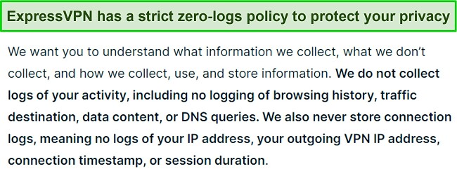 Screenshot of ExpressVPN's privacy policy.