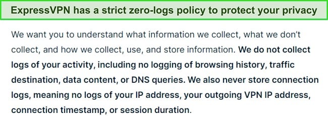 Screenshot of ExpressVPN's privacy policy.