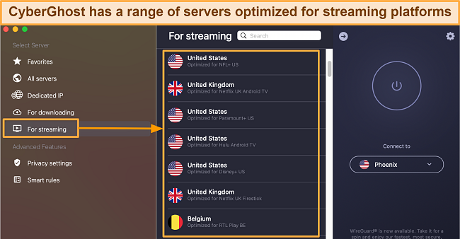 Screenshot of CyberGhost's streaming-optimized server list on its macOS app