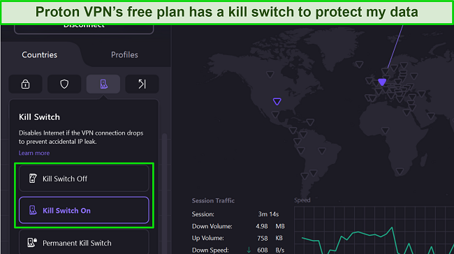 Screenshot of Proton VPN's kill switch function on its Windows app