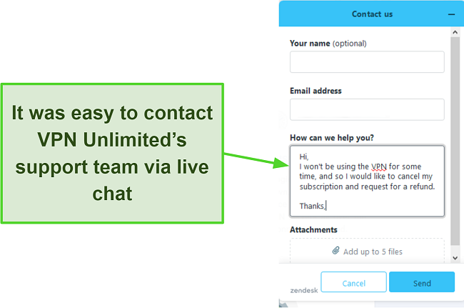 Screenshot of how to reach out to VPN Unlimited's live chat support team