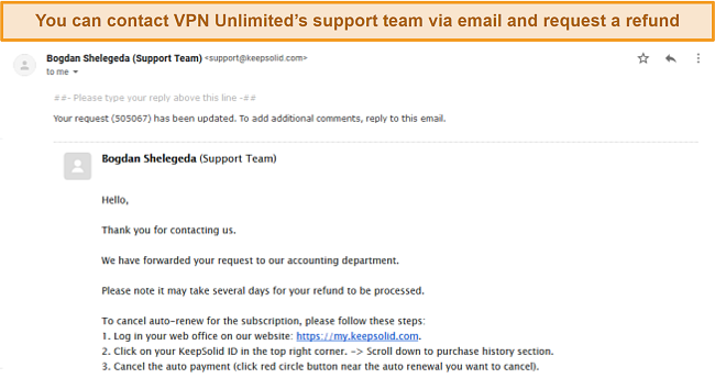 Screenshot of VPN Unlimited's support team responding to a refund request via email