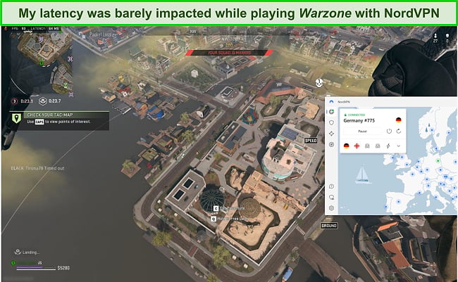 Screenshot of CoD Warzone while NordVPN is connected to a server in Germany